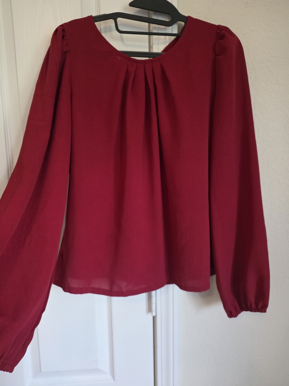 SHEIN Wine Red Pleated Long-Sleeve Blouse